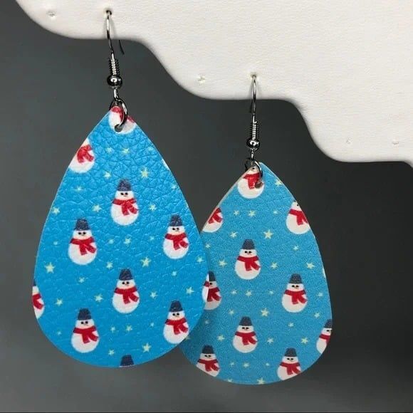 Light Blue PU Leather Snowman Teardrop Earrings - Picture 2 of 6